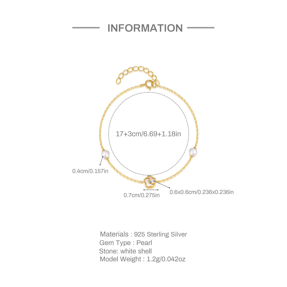 S925 Sterling Silver Pearl Five Petal Flower White Shell Temperament Necklace, Bracelet Set Korean Style Niche High Sense Bracelet Necklace