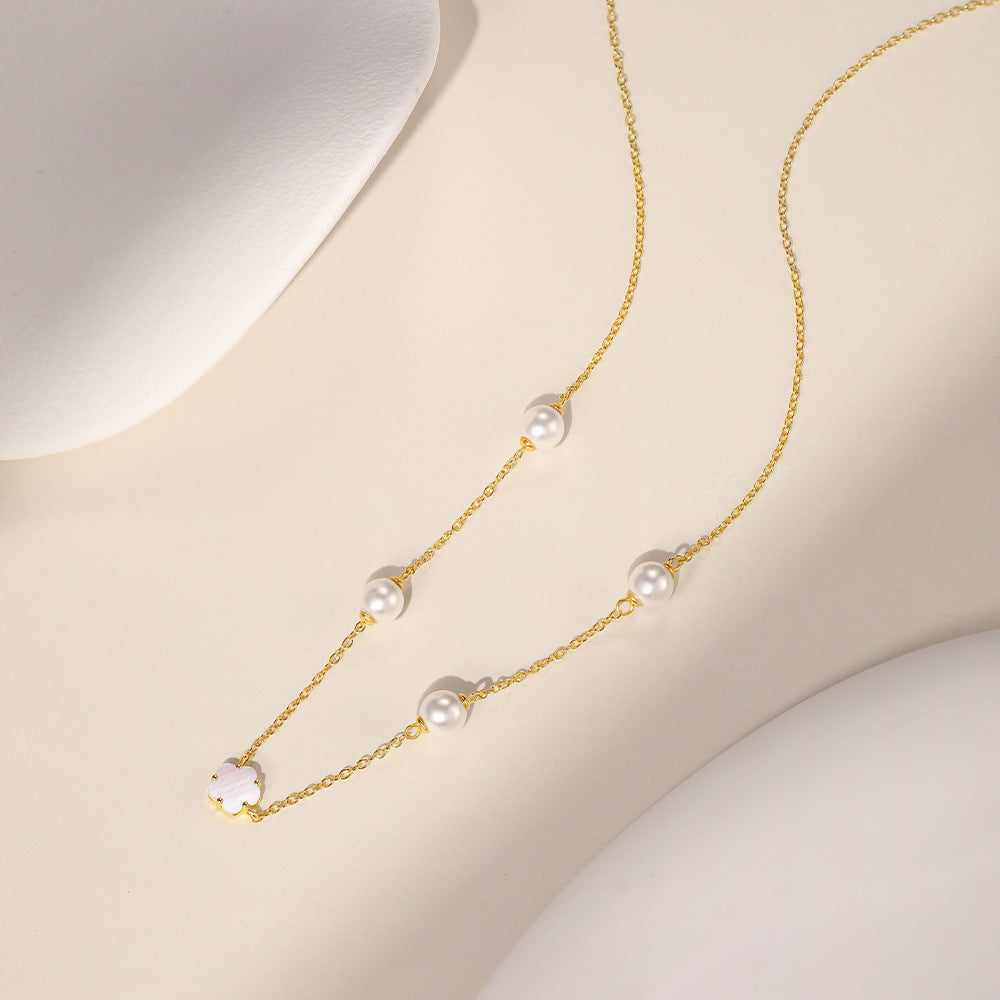 S925 Sterling Silver Pearl Five Petal Flower White Shell Temperament Necklace, Bracelet Set Korean Style Niche High Sense Bracelet Necklace