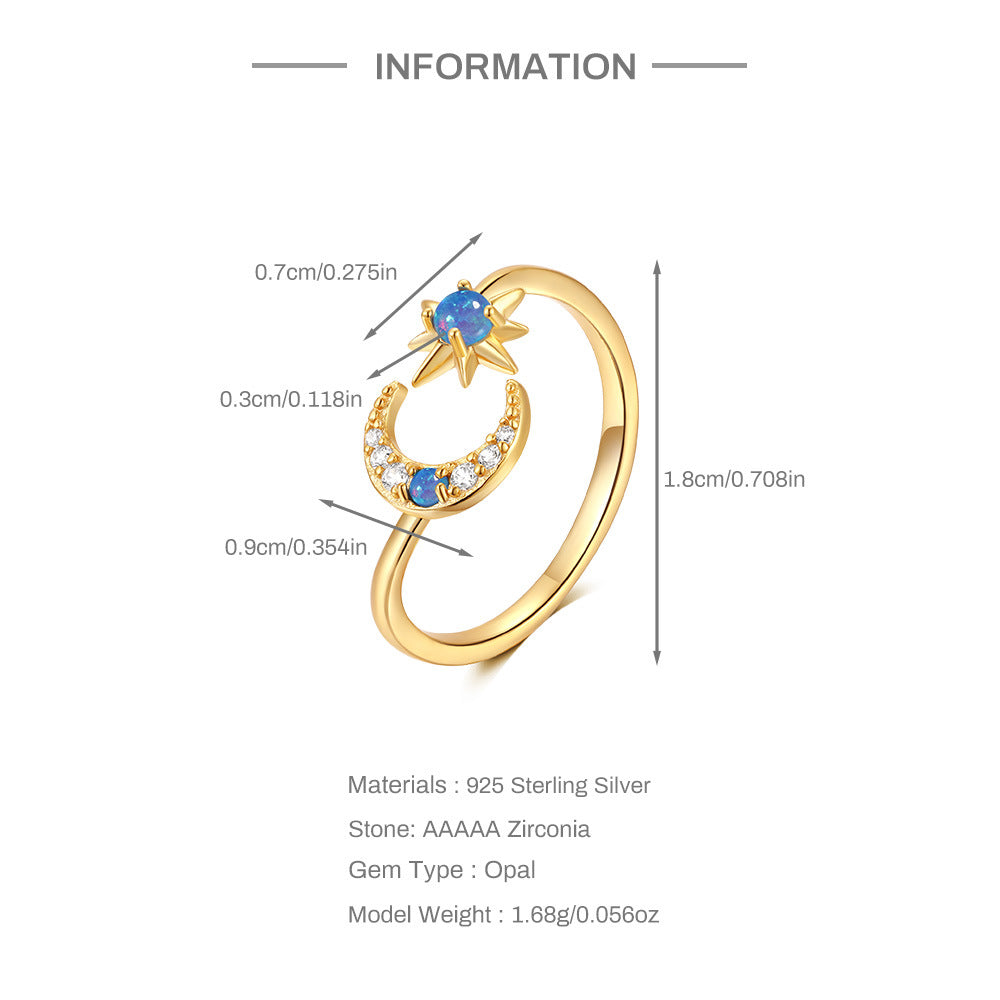 S925 Sterling Silver Star Moon Inlaid Opal Twin Necklace Adjustable Ring Suit   Hot Sale Jewelry