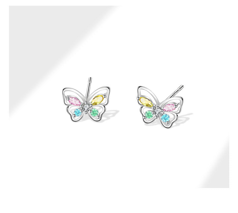 925 Sterling Silver Flash Colorful Crystals Butterfly Studs Female Sweet Cute and Compact Mini Colored Gems Eardrops Earrings Generation Hair