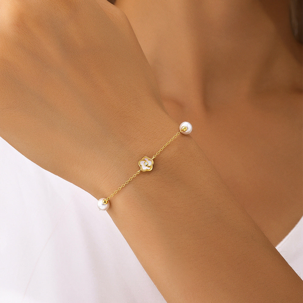 S925 Sterling Silver Pearl Five Petal Flower White Shell Temperament Necklace, Bracelet Set Korean Style Niche High Sense Bracelet Necklace