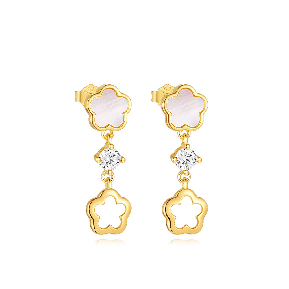 S925 Sterling Silver Petal White Shell Refined Rhinestone Clavicle Necklace Hollow Stud Earrings Suit Best Seller in   Jewelry