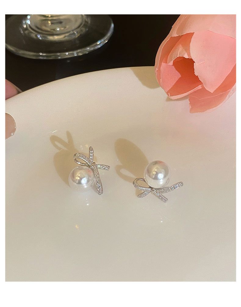 1 Pair 925 Sterling Silver Zircon 925 Sterling Silver Earrings Bow Knot Earrings