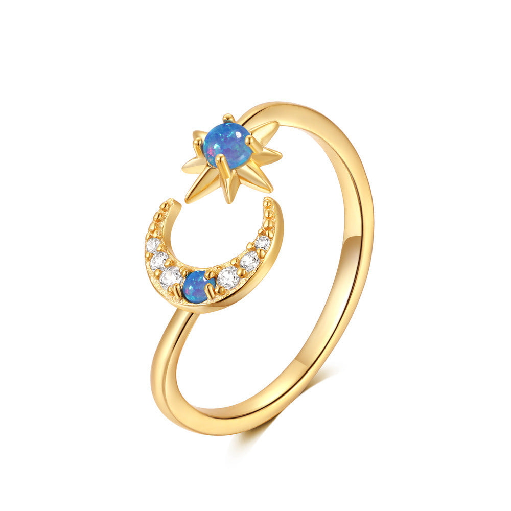 S925 Sterling Silver Star Moon Inlaid Opal Twin Necklace Adjustable Ring Suit   Hot Sale Jewelry