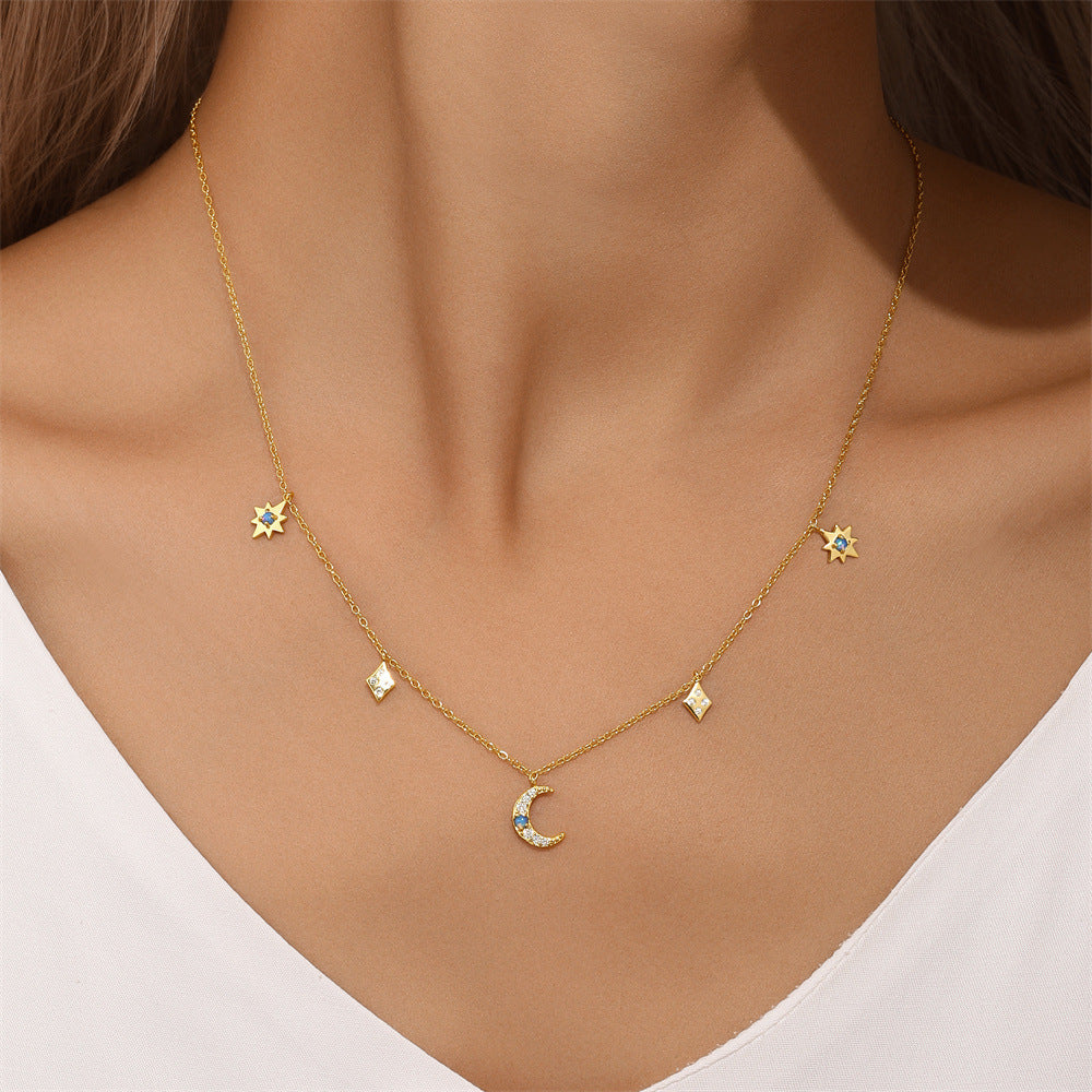 S925 Sterling Silver Star Moon Inlaid Opal Twin Necklace Adjustable Ring Suit   Hot Sale Jewelry