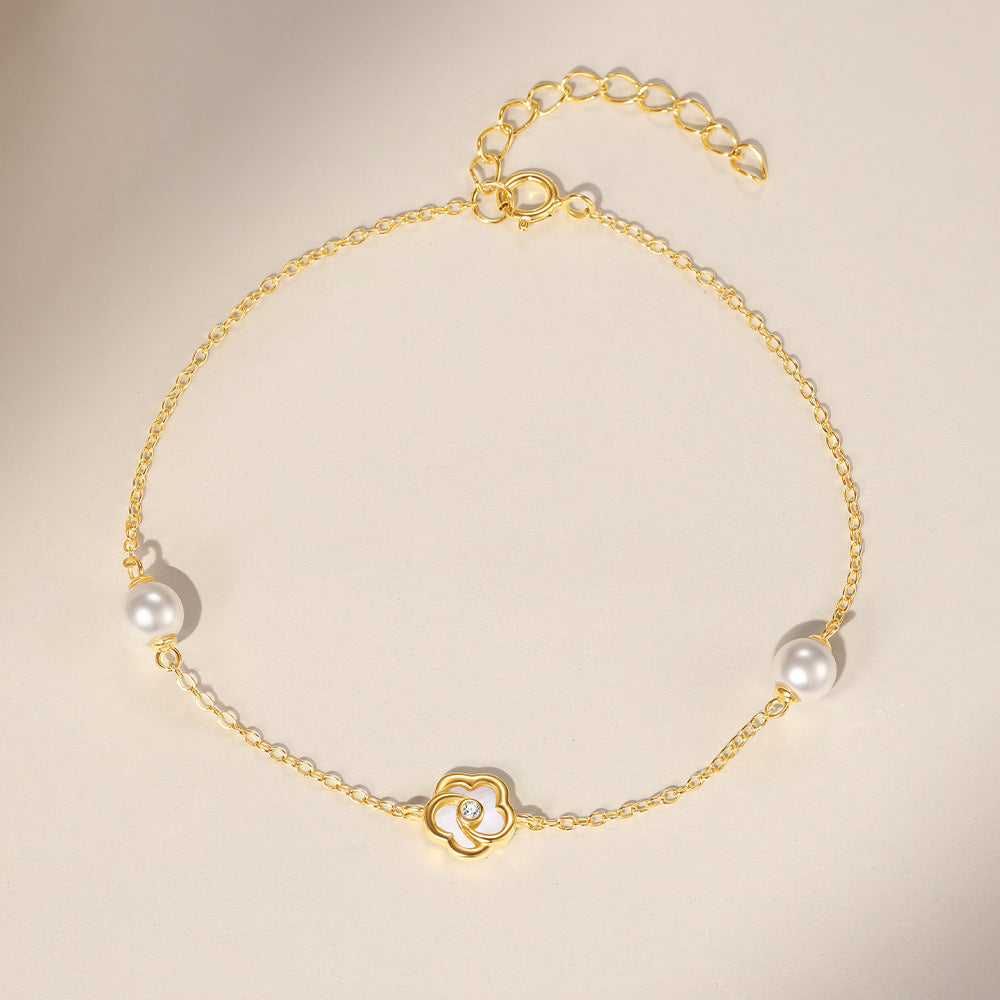 S925 Sterling Silver Pearl Five Petal Flower White Shell Temperament Necklace, Bracelet Set Korean Style Niche High Sense Bracelet Necklace