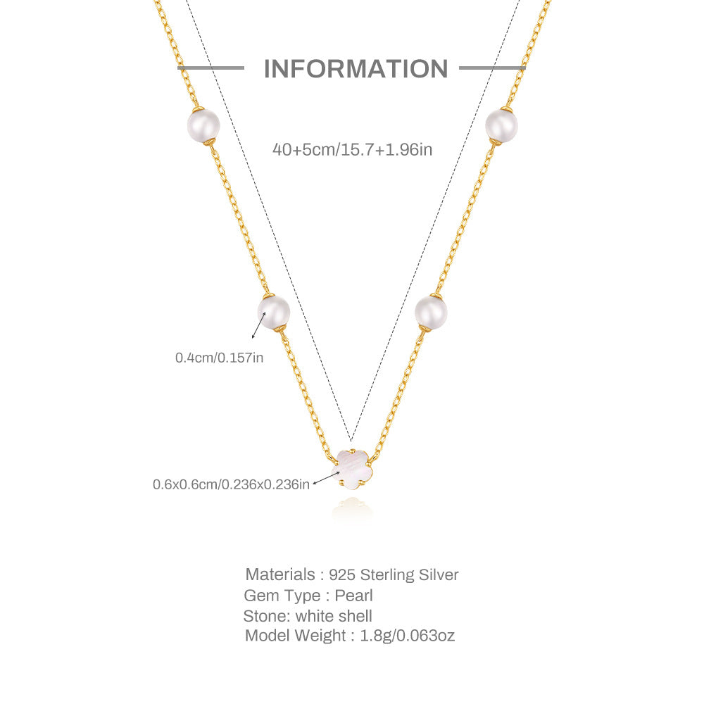 S925 Sterling Silver Pearl Five Petal Flower White Shell Temperament Necklace, Bracelet Set Korean Style Niche High Sense Bracelet Necklace