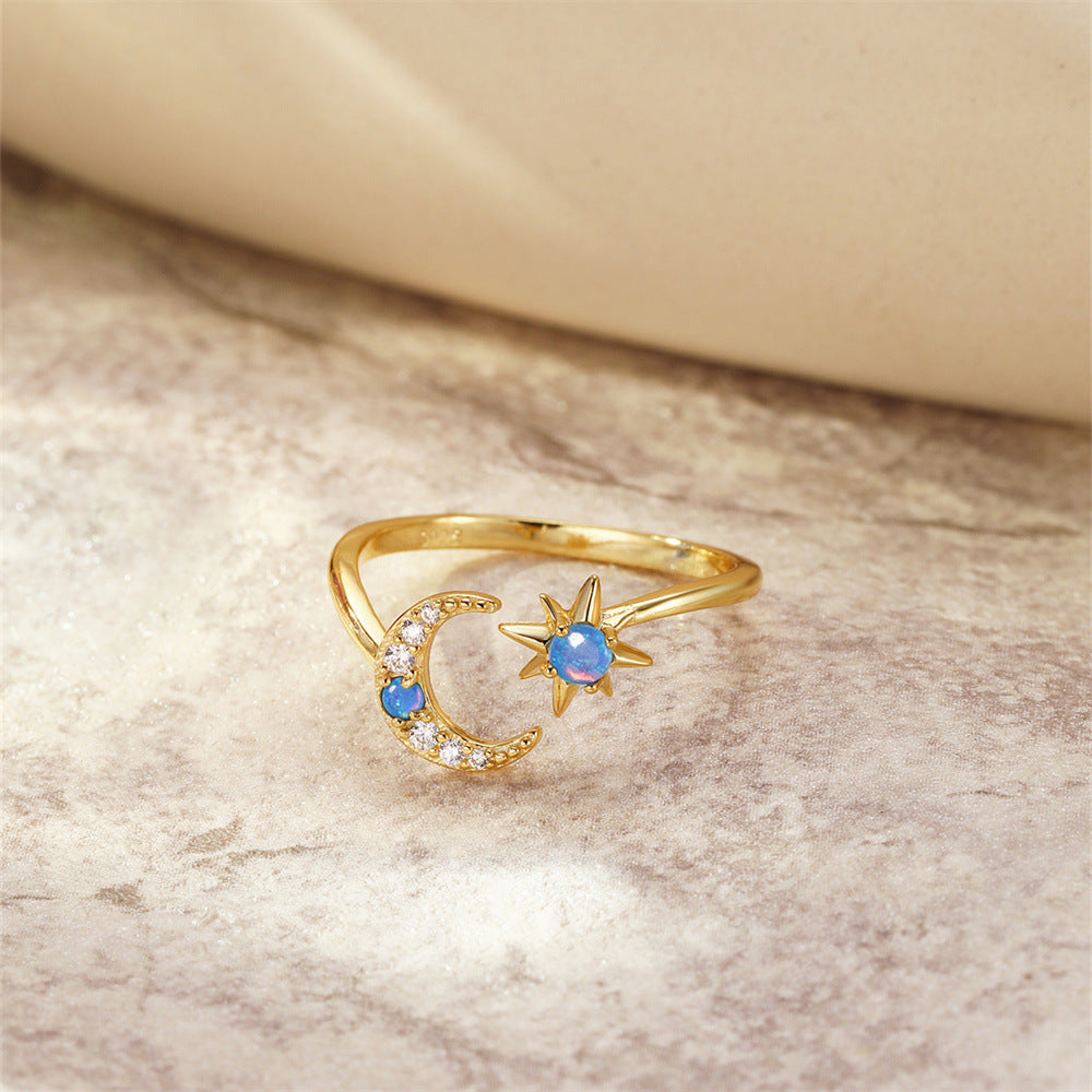 S925 Sterling Silver Star Moon Inlaid Opal Twin Necklace Adjustable Ring Suit   Hot Sale Jewelry