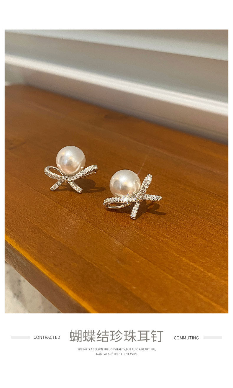 1 Pair 925 Sterling Silver Zircon 925 Sterling Silver Earrings Bow Knot Earrings