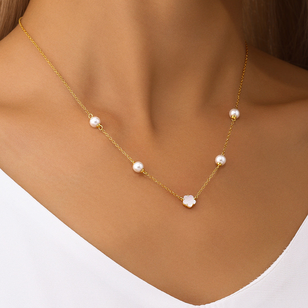S925 Sterling Silver Pearl Five Petal Flower White Shell Temperament Necklace, Bracelet Set Korean Style Niche High Sense Bracelet Necklace