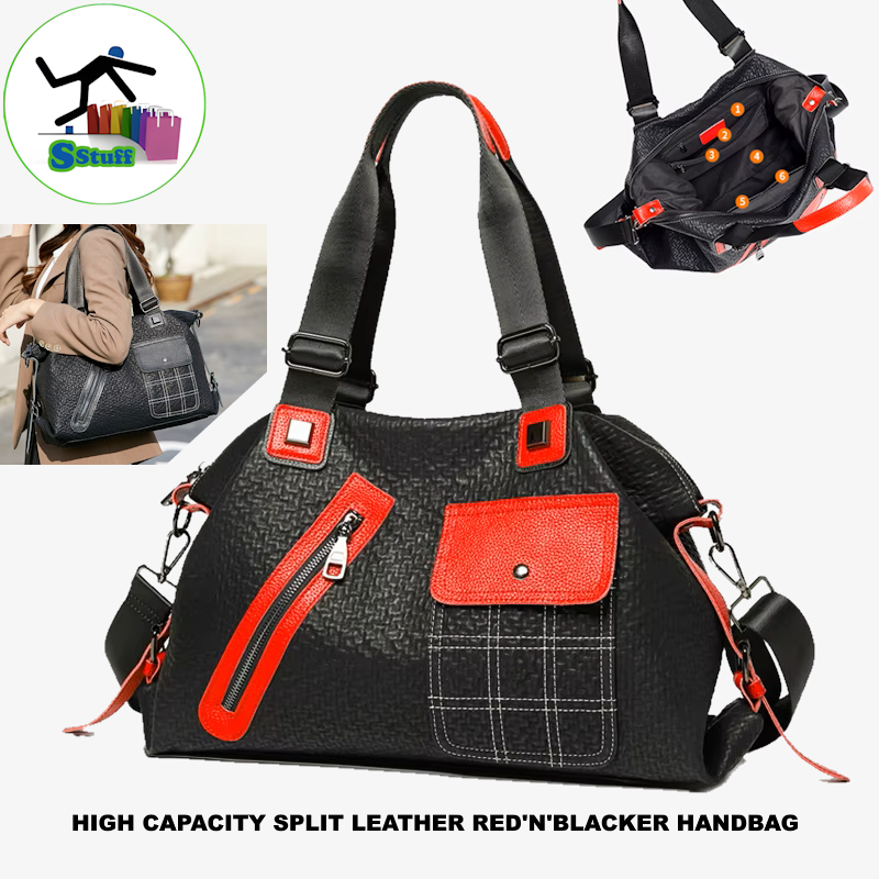 Split Leather 'Red'N'Blacker' Bold Contrast High Capacity Handbag