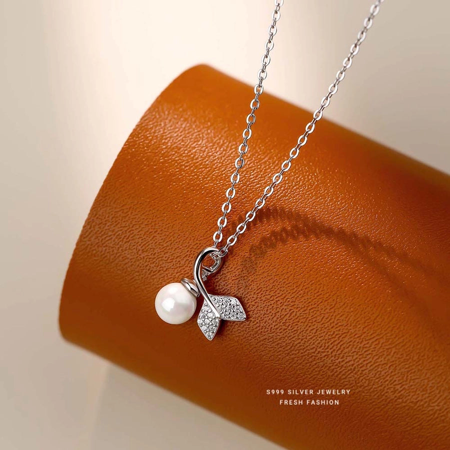 S999 Silver Glass Bead Zircon cable chain Plating Fish Tail Pendant Necklace