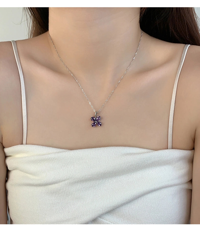 925 Sterling Silver Zircon Polishing Inlay Flower Pendant Necklace