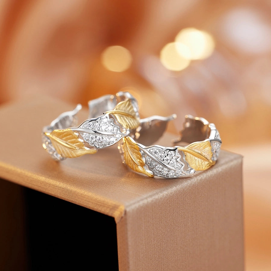 18K Gold Plated White Gold Plated 925 Sterling Silver Zircon Irregular Leaves Open Rings 925 Sterling Silver Rings