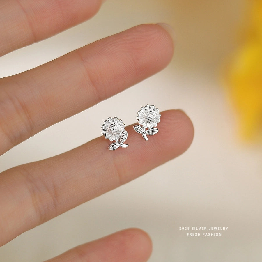 1 Pair 925 Sterling Silver 925 Sterling Silver Earrings Sunflower Ear Studs