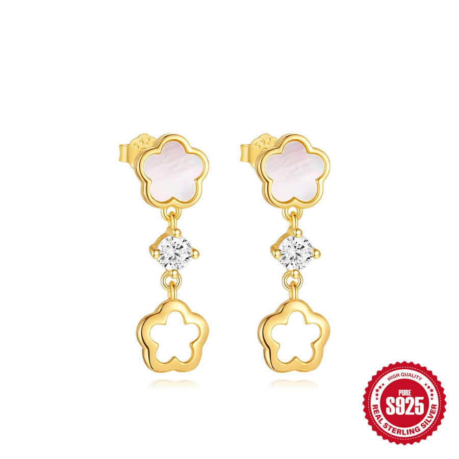 S925 Sterling Silver Petal White Shell Refined Rhinestone Clavicle Necklace Hollow Stud Earrings Suit Best Seller in   Jewelry