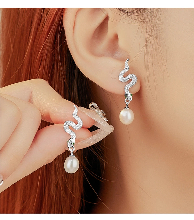 1 Pair 18K Gold Plated White Gold Plated 925 Sterling Silver Pearl Zircon 925 Sterling Silver Earrings Snake Drop Earrings