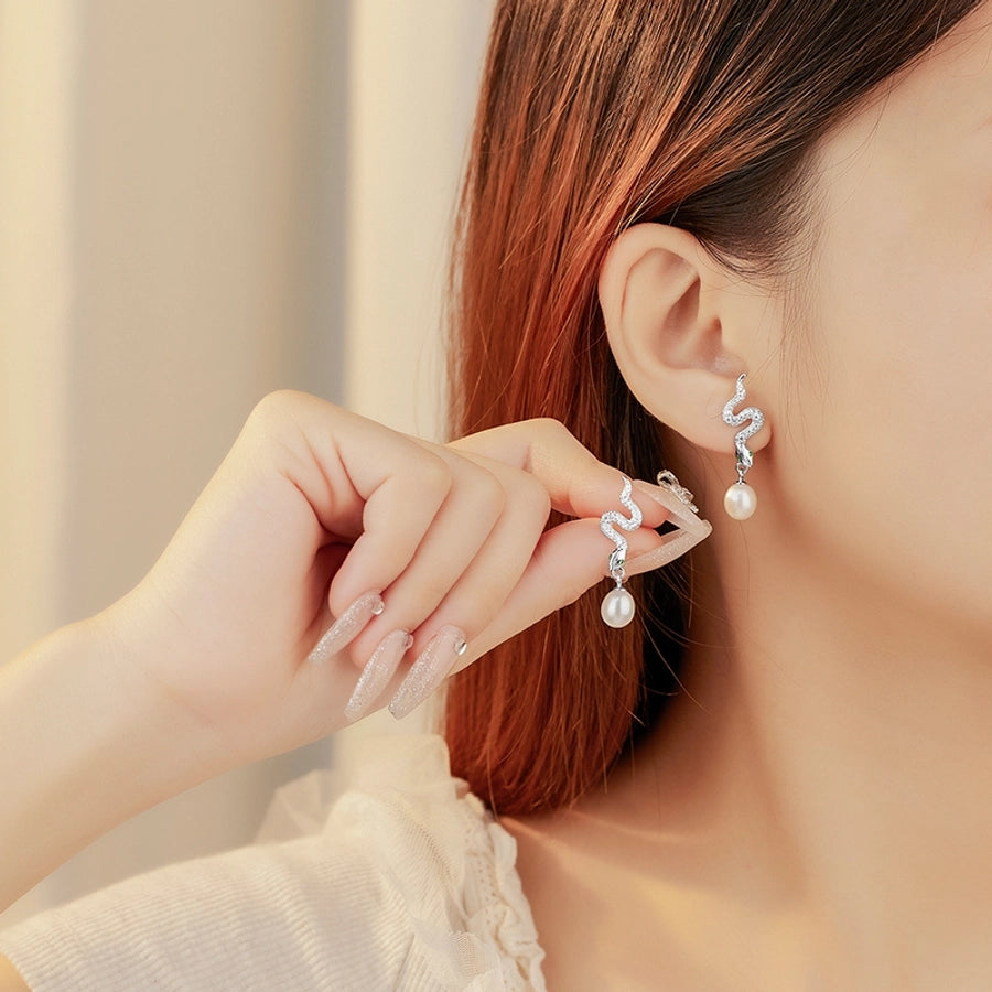 1 Pair 18K Gold Plated White Gold Plated 925 Sterling Silver Pearl Zircon 925 Sterling Silver Earrings Snake Drop Earrings