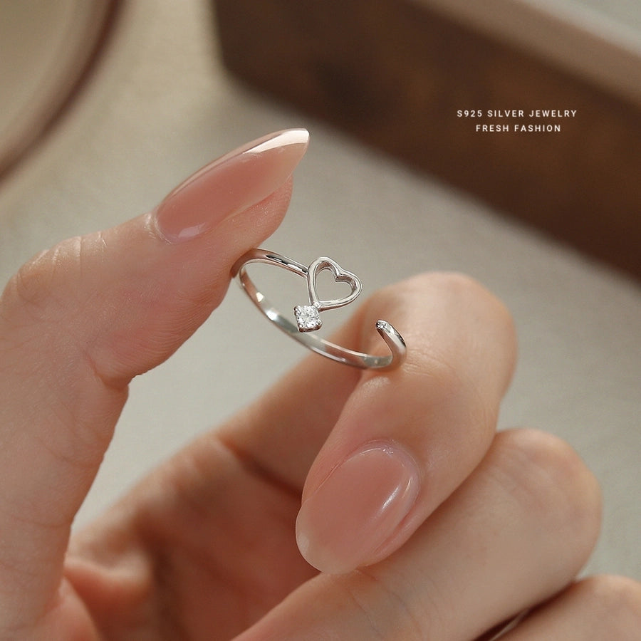 925 Sterling Silver Zircon Heart Shape Open Rings 925 Sterling Silver Rings