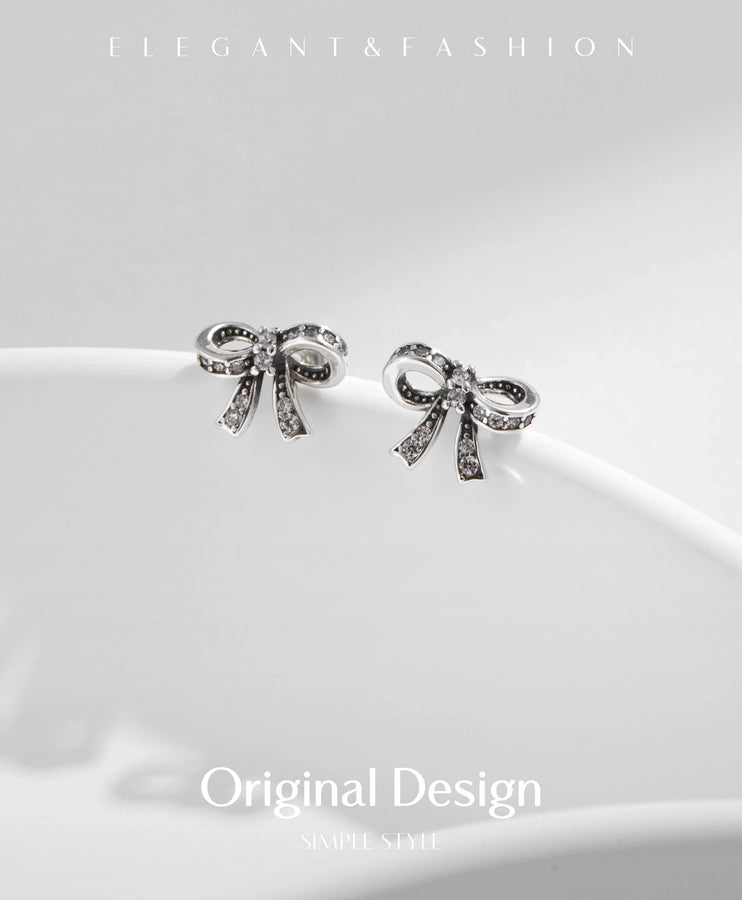 1 Pair Rhodium Plated 925 Sterling Silver Zircon 925 Sterling Silver Earrings Bow Knot Ear Studs