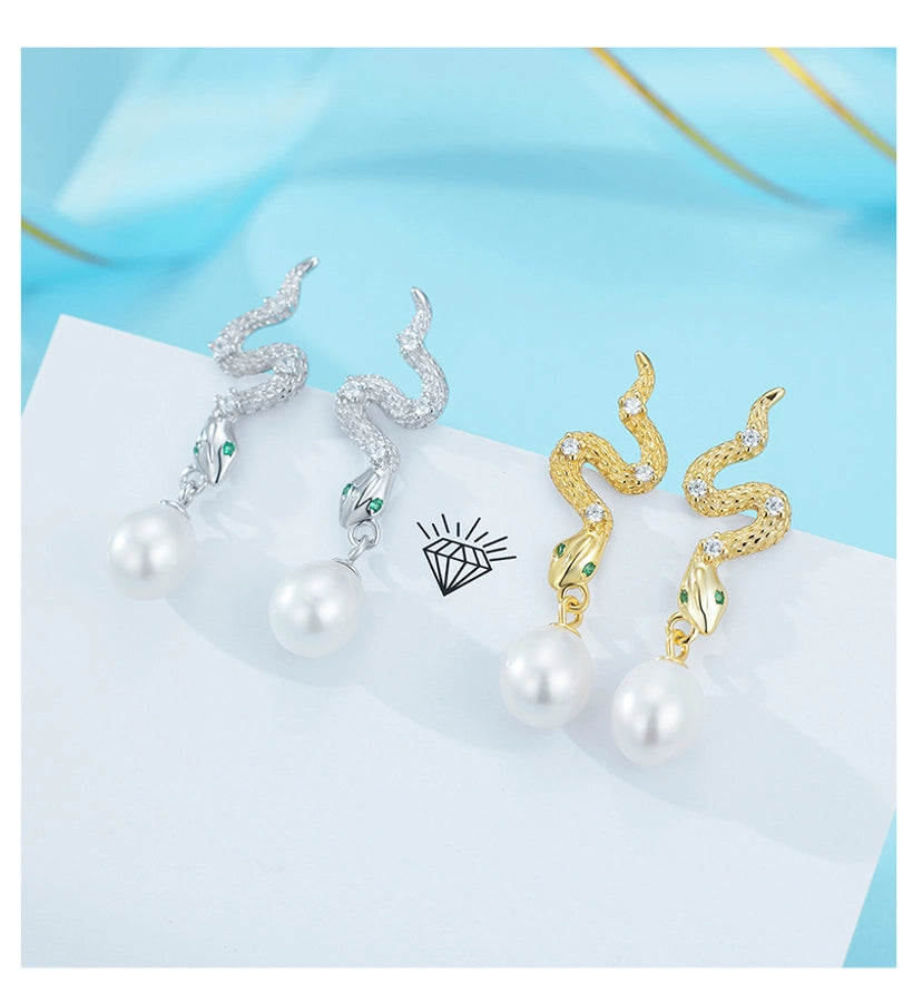 1 Pair 18K Gold Plated White Gold Plated 925 Sterling Silver Pearl Zircon 925 Sterling Silver Earrings Snake Drop Earrings