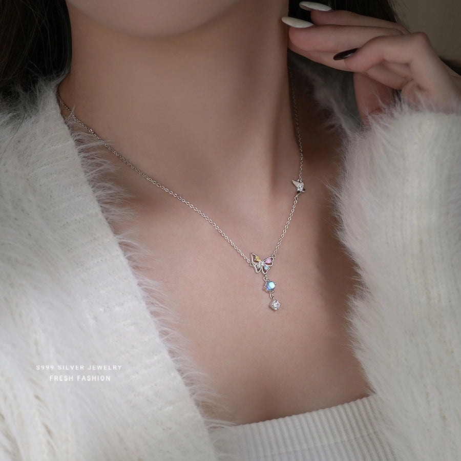 S999 Silver Artificial Moonstone Zircon cable chain Plating Butterfly Pendant Necklace