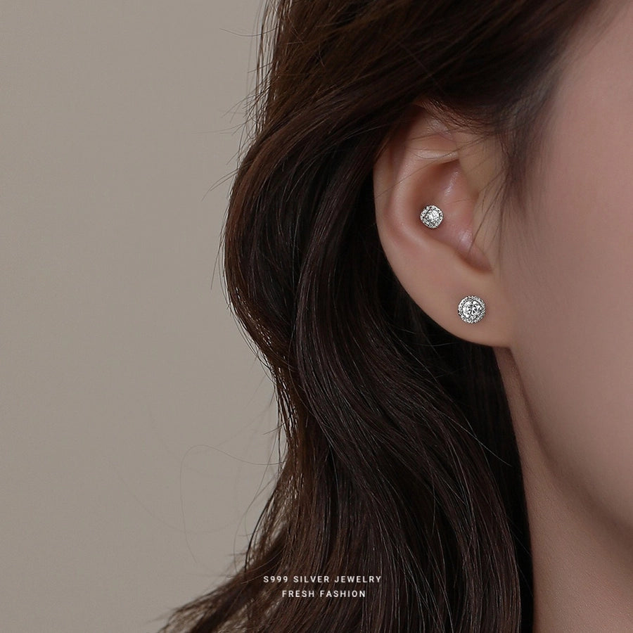 1 Pair 925 Sterling Silver Zircon 925 Sterling Silver Earrings Round Ear Studs