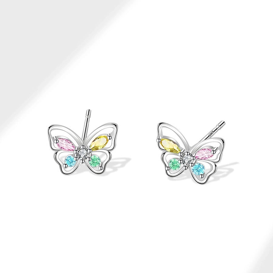 925 Sterling Silver Flash Colorful Crystals Butterfly Studs Female Sweet Cute and Compact Mini Colored Gems Eardrops Earrings Generation Hair