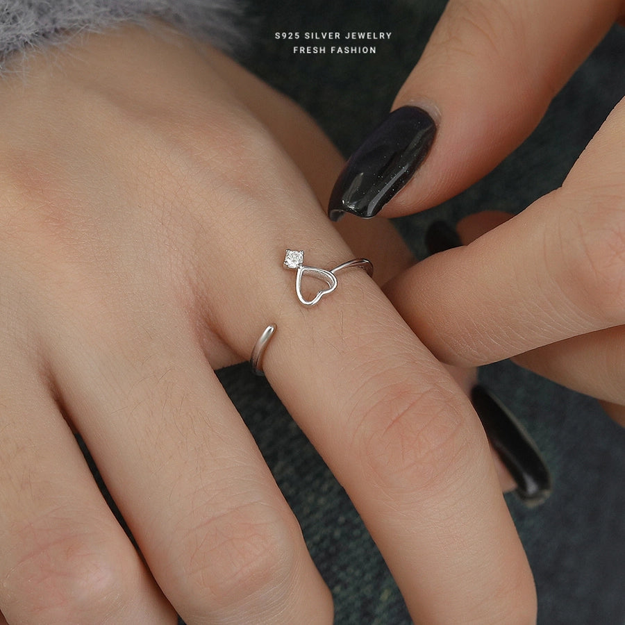 925 Sterling Silver Zircon Heart Shape Open Rings 925 Sterling Silver Rings