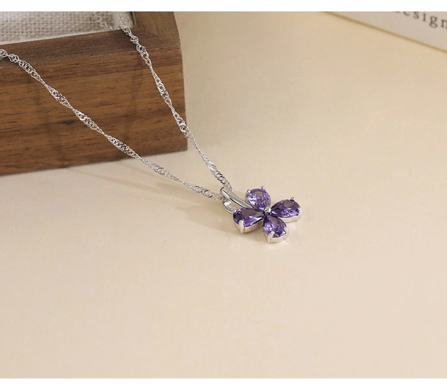 925 Sterling Silver Zircon Polishing Inlay Flower Pendant Necklace