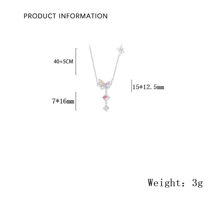 S999 Silver Artificial Moonstone Zircon cable chain Plating Butterfly Pendant Necklace