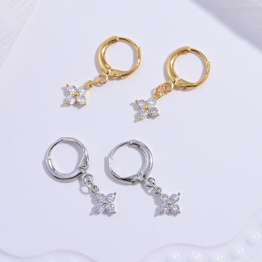 1 Pair 22K Gold Plated Rhodium Plated 925 Sterling Silver Zircon 925 Sterling Silver Earrings Four Leaf Clover Drop Earrings