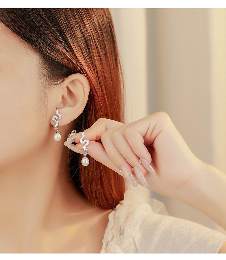 1 Pair 18K Gold Plated White Gold Plated 925 Sterling Silver Pearl Zircon 925 Sterling Silver Earrings Snake Drop Earrings