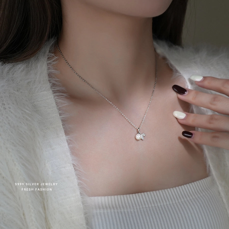 S999 Silver Glass Bead Zircon cable chain Plating Fish Tail Pendant Necklace
