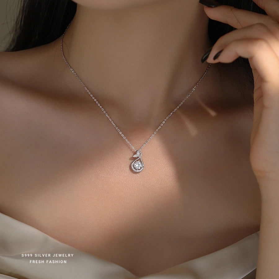 S999 Silver Zircon cable chain Plating Fish Tail Pendant Necklace