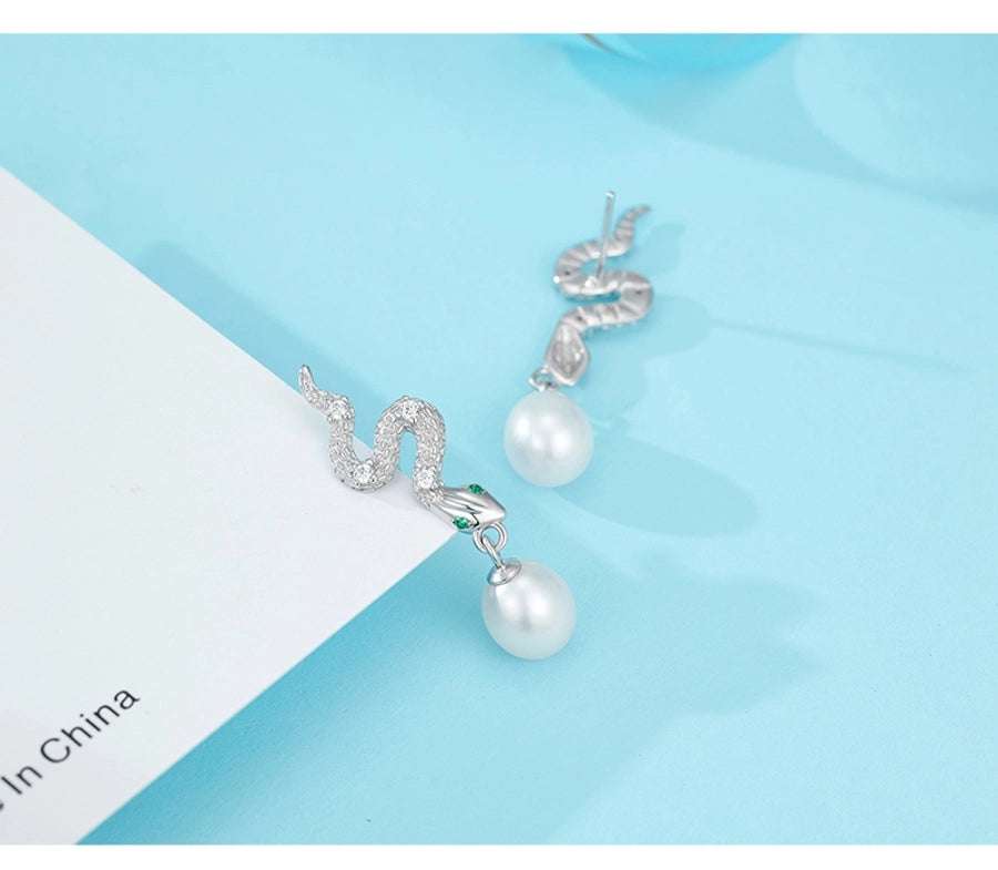 1 Pair 18K Gold Plated White Gold Plated 925 Sterling Silver Pearl Zircon 925 Sterling Silver Earrings Snake Drop Earrings
