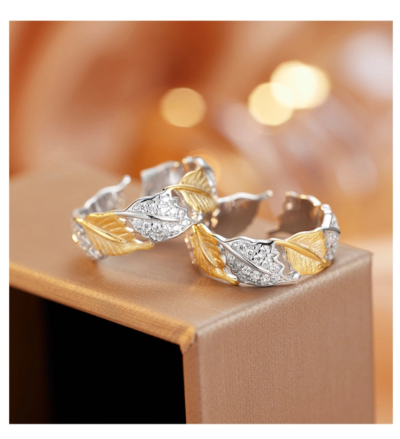18K Gold Plated White Gold Plated 925 Sterling Silver Zircon Irregular Leaves Open Rings 925 Sterling Silver Rings
