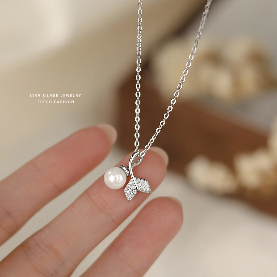S999 Silver Glass Bead Zircon cable chain Plating Fish Tail Pendant Necklace