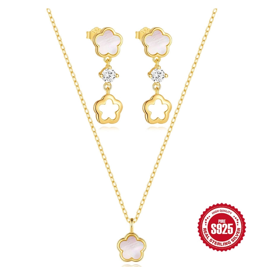 S925 Sterling Silver Petal White Shell Refined Rhinestone Clavicle Necklace Hollow Stud Earrings Suit Best Seller in   Jewelry