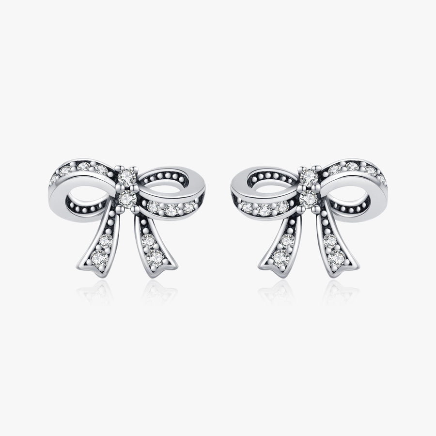 1 Pair Rhodium Plated 925 Sterling Silver Zircon 925 Sterling Silver Earrings Bow Knot Ear Studs