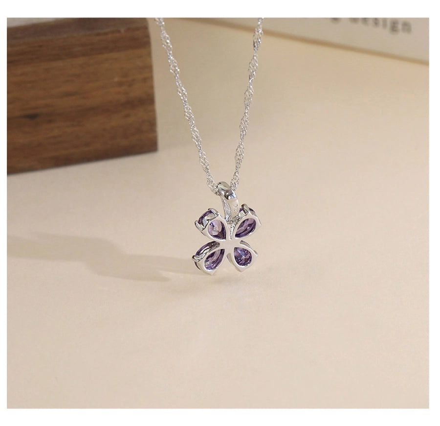 925 Sterling Silver Zircon Polishing Inlay Flower Pendant Necklace