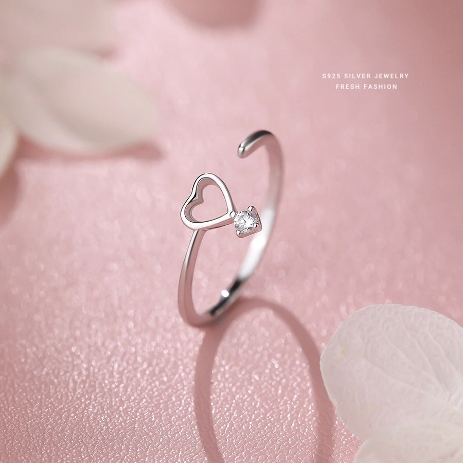 925 Sterling Silver Zircon Heart Shape Open Rings 925 Sterling Silver Rings