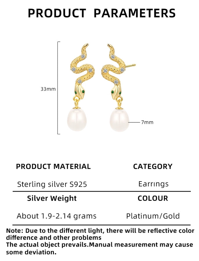 1 Pair 18K Gold Plated White Gold Plated 925 Sterling Silver Pearl Zircon 925 Sterling Silver Earrings Snake Drop Earrings