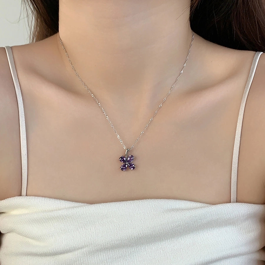 925 Sterling Silver Zircon Polishing Inlay Flower Pendant Necklace