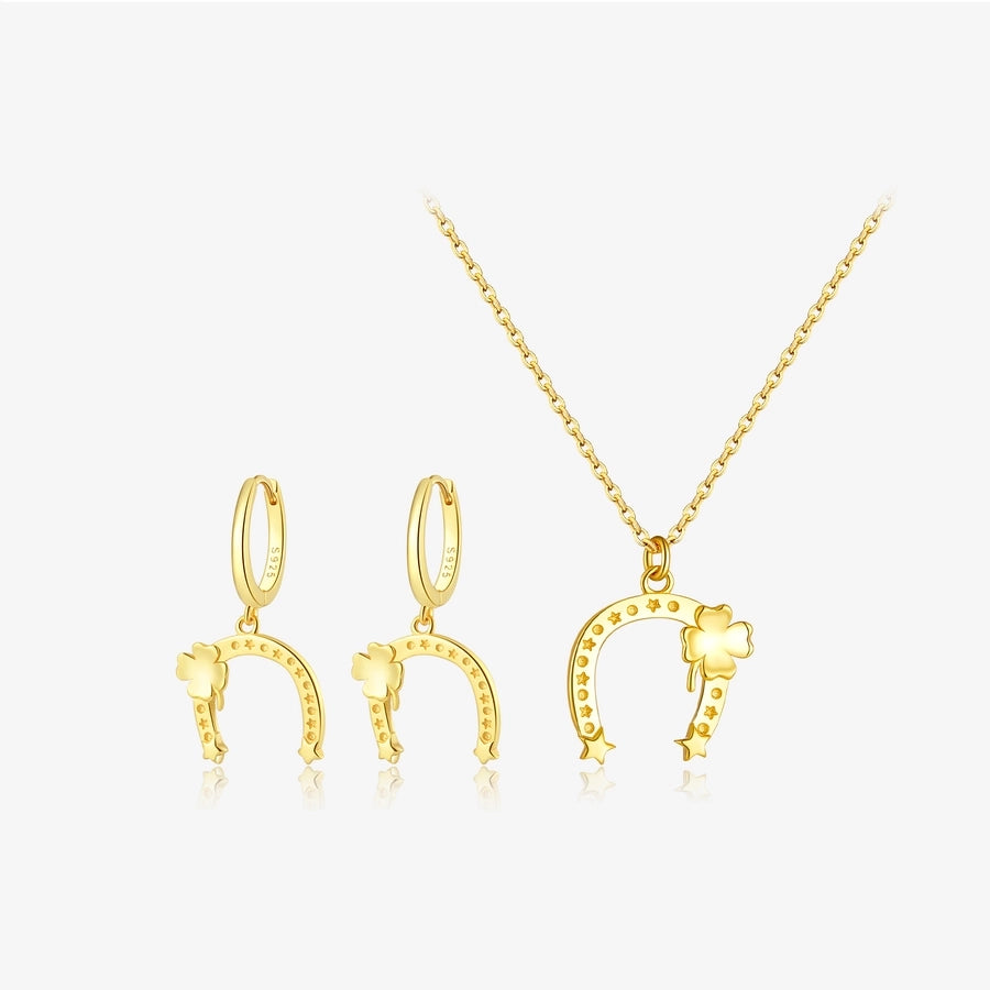 S925 Sterling Silver U-Shaped Design Flower Necklace Earrings Vintage Circle Earrings Simple Clavicle Chain