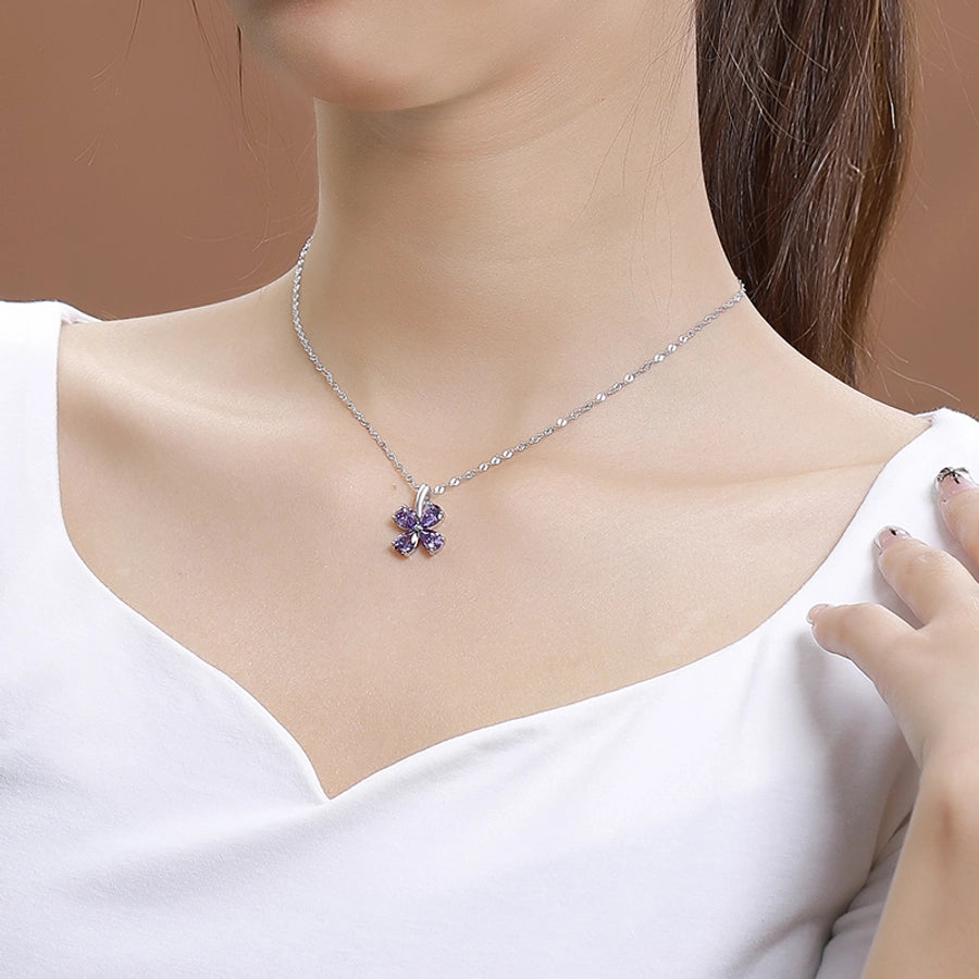 925 Sterling Silver Zircon Polishing Inlay Flower Pendant Necklace