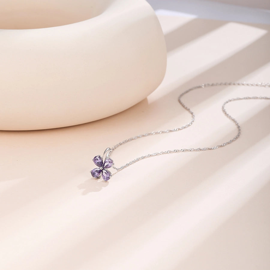 925 Sterling Silver Zircon Polishing Inlay Flower Pendant Necklace