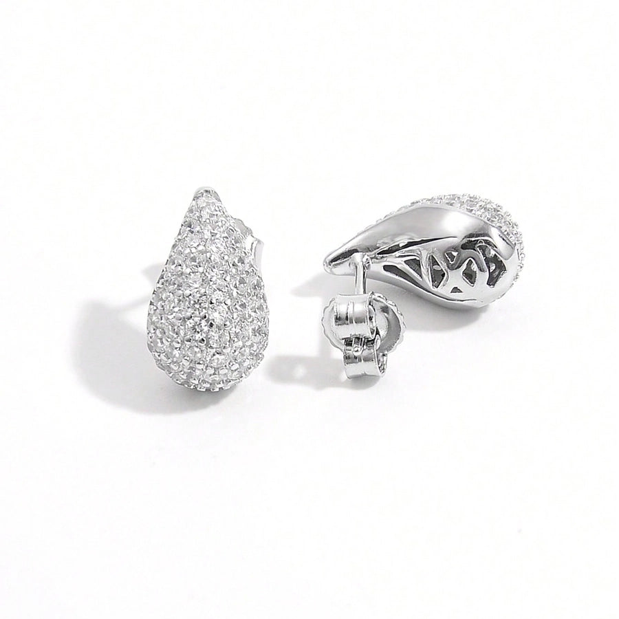 1 Pair 925 Sterling Silver Zircon 925 Sterling Silver Earrings Water Droplets Ear Studs