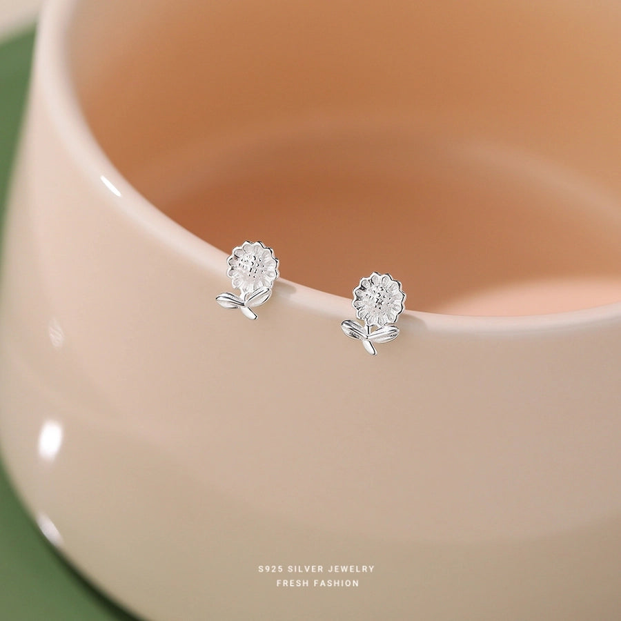 1 Pair 925 Sterling Silver 925 Sterling Silver Earrings Sunflower Ear Studs
