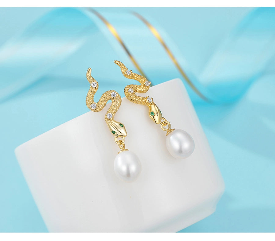 1 Pair 18K Gold Plated White Gold Plated 925 Sterling Silver Pearl Zircon 925 Sterling Silver Earrings Snake Drop Earrings